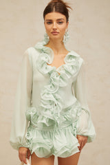 flounced chiffon blouse & skirt matching set in mint