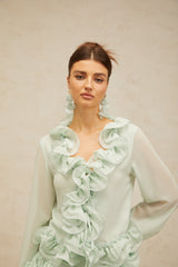 flounced chiffon blouse & skirt matching set in mint