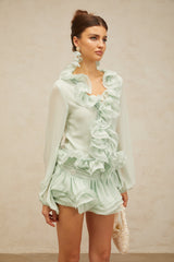 flounced chiffon blouse & skirt matching set in mint