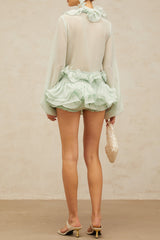 flounced chiffon blouse & skirt matching set in mint