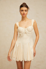 atalanta embellished flared mini dress in cream-white