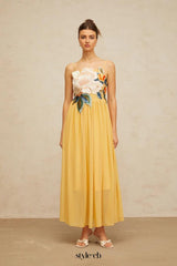 joann Appliqué Camellia Floral Maxi Dress in yellow
