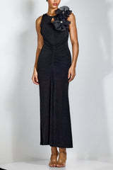 nicola Flower bow pleated bodycon maxi dress in black