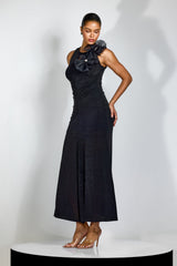 nicola Flower bow pleated bodycon maxi dress in black