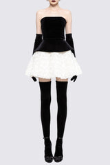 Petal-layered velvet top mini skirt suit without glove - black/white