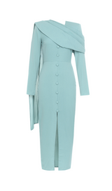 GRAY AND BLUE SINGLE-BREASTED BUTTON LONG-SLEEVED FRILL V-NECK RIBBON MIDI DRESS