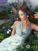 Butterfly Princess Halter midi Dress in light blue