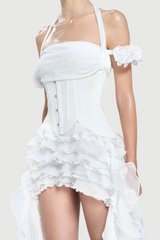 elva halter three-dimensional flower irregular tassel mini dress in white