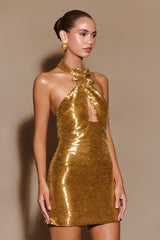 evelyn Beaded Halter Mini Dress in Gold