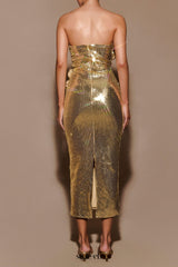 alisa Strapless Sequin Rose Midi Dress in Gold