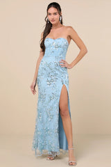 Sequin print Strapless Bustier Maxi Dress in blue