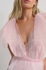 ruffle tulle atop floral lace mini dress in pink