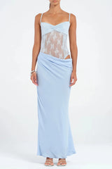 Hollow pleated suspenders with ruffles maxi dress in blue
