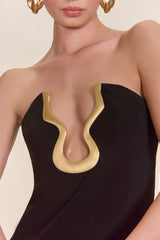 signature gold hardware cutout strapless column gown in black