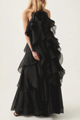 Off-Shoulder Ruffle Layered Maxi Dress In Black