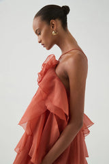Off-Shoulder Ruffle Layered Maxi Dress In Coral Clay
