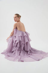 off-shoulder ruffle Layered Maxi Dress in purple