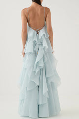 off-shoulder ruffle Layered Maxi Dress in blue