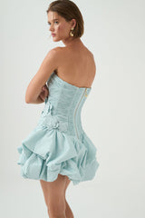 moira floral strapless Puffy mini dress in blue