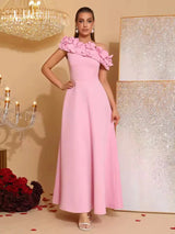 cynthia Flower Slanted Collar maxi Dress in pink