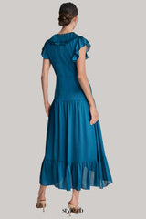 Ruffled Crinkle-Textured Maxi Dress in dark blue