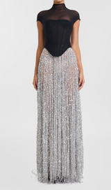 tassel sequin black corset maxi dress
