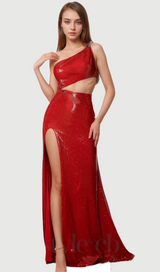 althea Manidis One-Shoulder Sequin Glitter High Slit Mermaid Dress