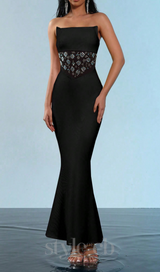 mesh splice rhinestone decor black maxi bandage dress
