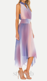halter neck pleated midi dress in lavender tie dye