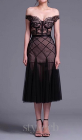 floral dentelle off-shoulder bustier corset net skirt set