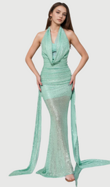 agatha Cowl Backless Sequin Maxi Dress in green