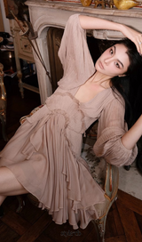 V-neck lantern sleeve pleated midi dress in pale coffee
