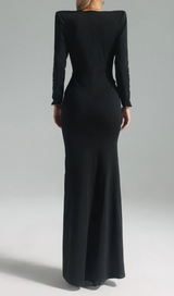 BERNICE LONG SLEEVE DRAPED EMBELLISHED MAXI DRESS IN BLACK
