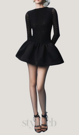 Lace Patchwork Puff Mini Dress in black