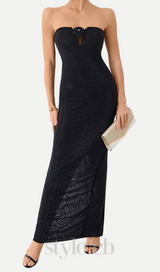 Strapless Rhinestone rose maxi dress in black