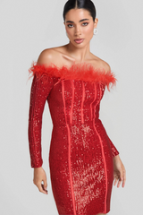 RED LONG SLEEVE FEATHERS SEQUIN DRESS