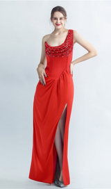 ELMA ONE-SHOULDER CRYSTAL DETAIL HIGH SLIT MAXI DRESS IN RED