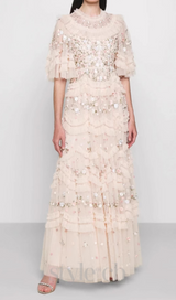 lalabelle tulle floral gown in apricot