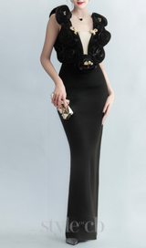 ruffled top with gold accents maxi dress