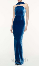 josephine off-shoulder velvet sash gown in blue