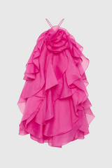 lorraine Halter Floral Ruffle Layered Mini Dress in Fuchsia