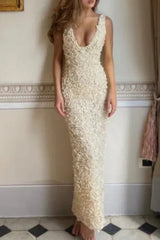 3d rose appliqués Maxi Dress in beige