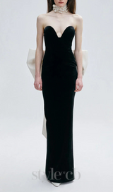 hermosa silk strapless bow gown in black