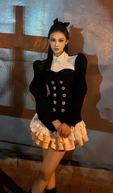 DIAMOND SPLICED COLOR LAPEL TEMPERAMENT RUFFLES DRESS