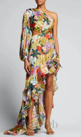 ONE SHOULDER RUFFLR TRIM PRINTED MAXI DRESS