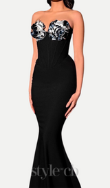 eudora 3d flower off-shoulder maxi dress in black