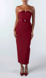 demi bow strapless midi dress in merlot