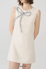 Bow Sequin Tweed Sleeveless mini dress in white