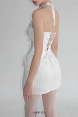 pearl fishbone wrap top skirt set in white