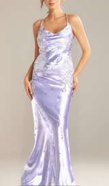 WHITE ALANIDES BEAD APPLIQUE SATIN DRESS